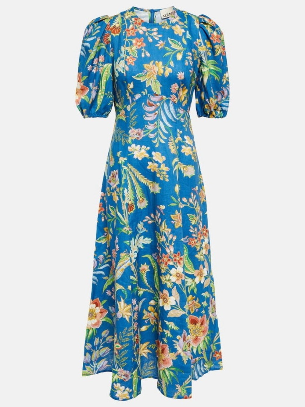 Alemais Blue Floral Puff-Sleeve Midi Dress